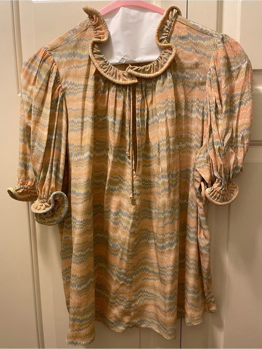 Ulla Johnson Corine Peach, Light Blue & Cream Wave-Print Ruffled Neck Blouse